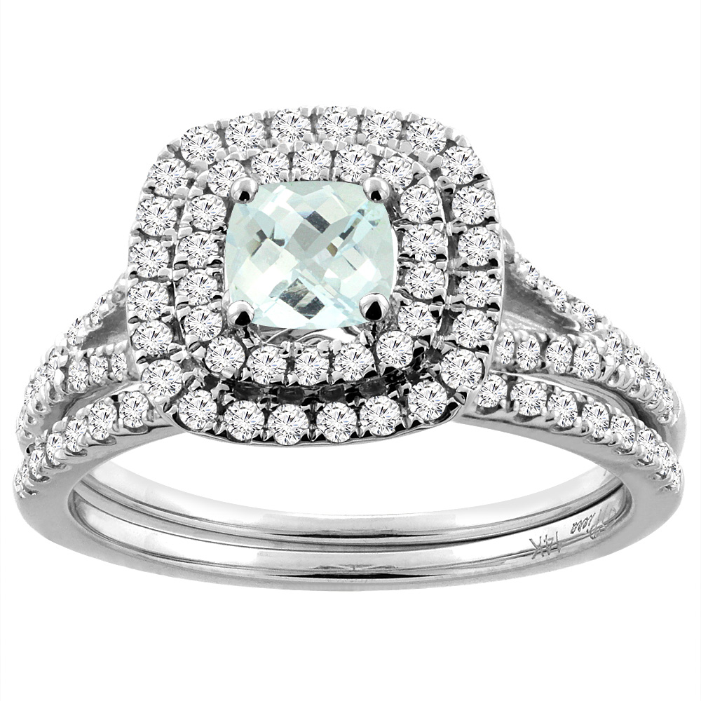 14K White Gold Diamond Halo Natural Aquamarine 2pc Engagement Ring Set Cushion 6x6 mm, sizes 5-10