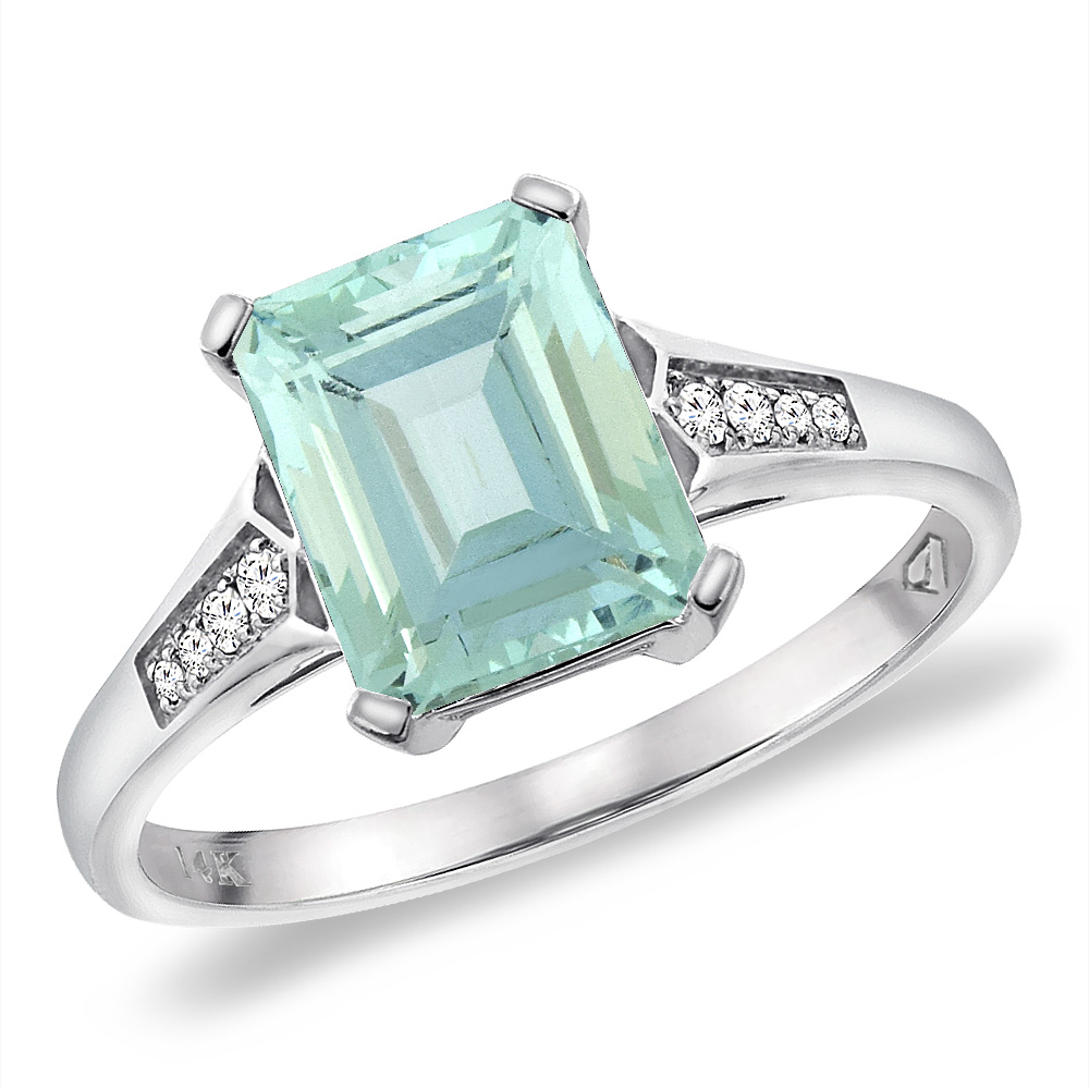 14K White Gold Natural Aquamarine Ring 9x7 mm Octagon with Diamond Accent, sizes 5 -10