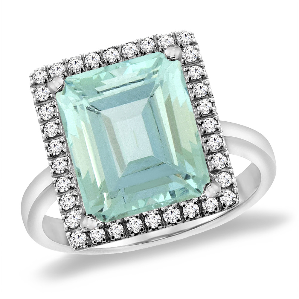 14K White Gold Natural Aquamarine Ring Diamond Accent 12x10 mm Octagon, sizes 5 -10