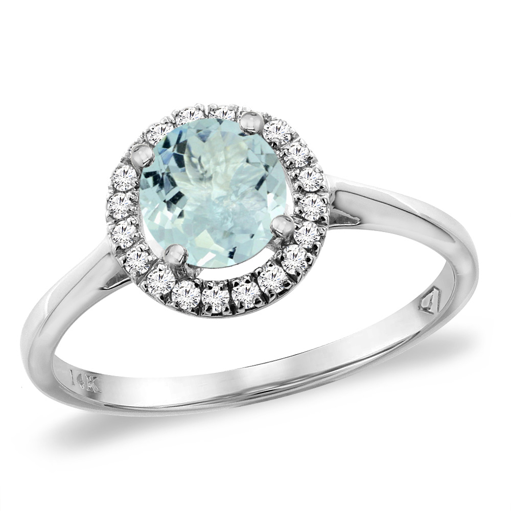 14K White Gold Diamond Halo Natural Aquamarine Engagement Ring Round 6 mm, sizes 5 -10
