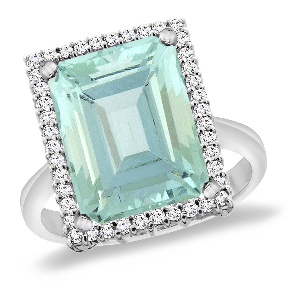 14K White Gold Natural Aquamarine Ring Diamond Accent 14x10 mm Octagon, sizes 5 -10