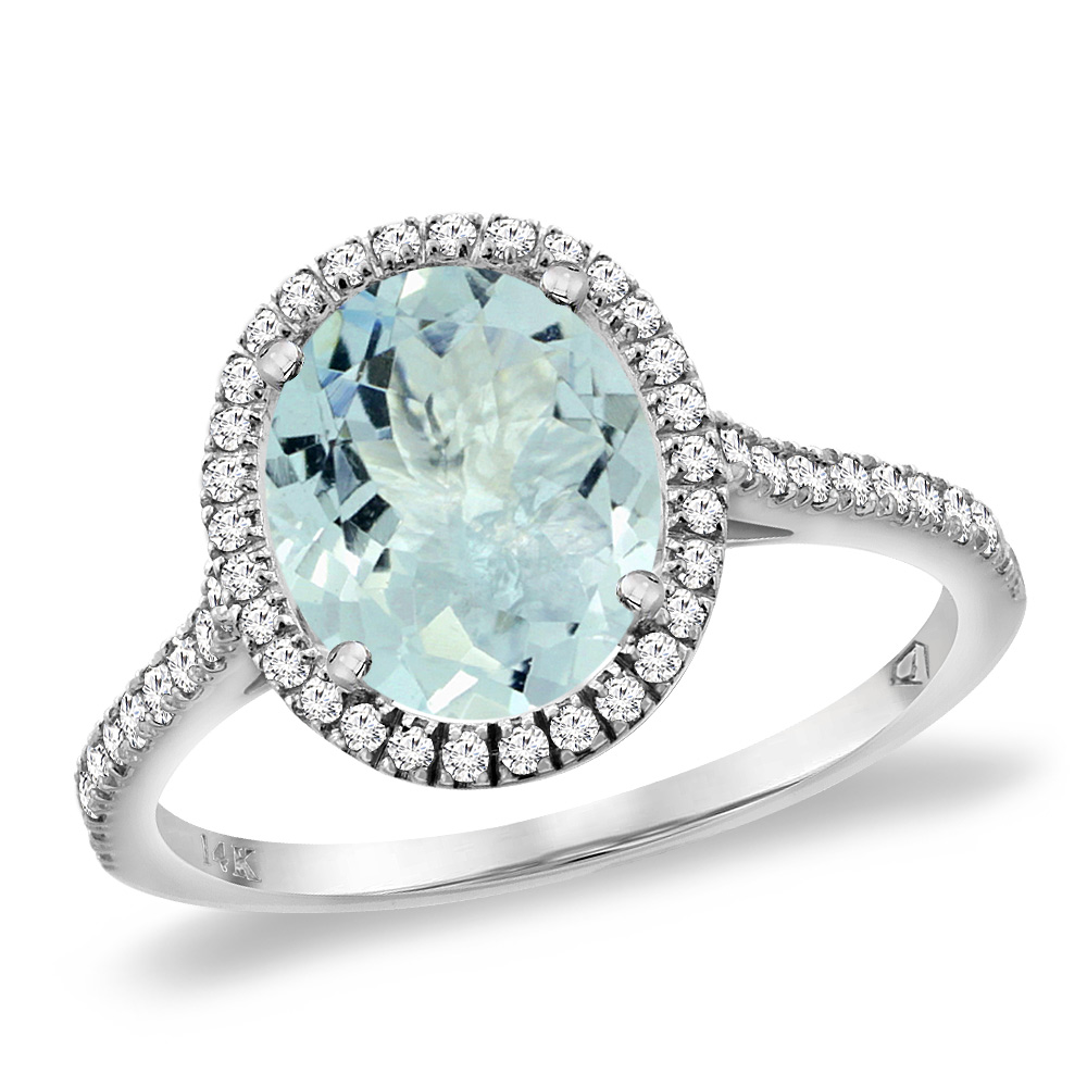 14K White Gold Natural Aquamarine Diamond Halo Engagement Ring 10x8 mm Oval, sizes 5 -10