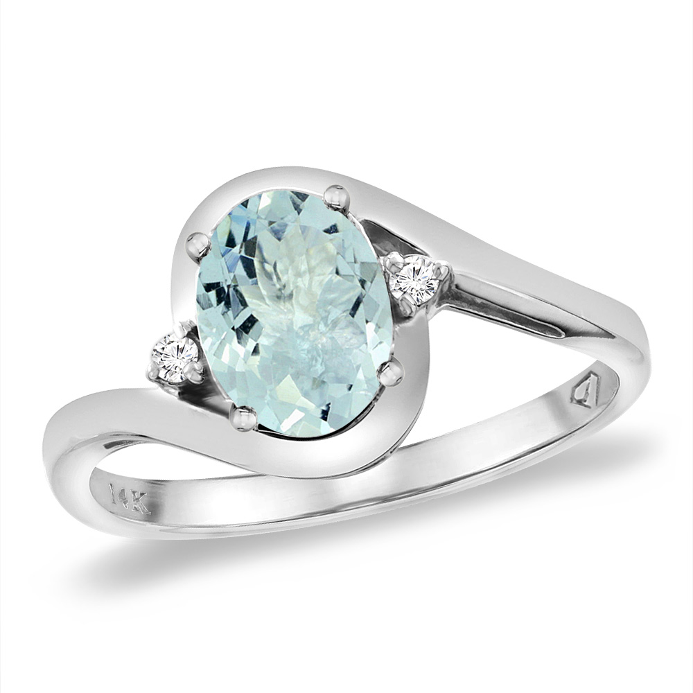 14K White Gold Diamond Natural Aquamarine Bypass Engagement Ring Oval 8x6 mm, sizes 5 -10