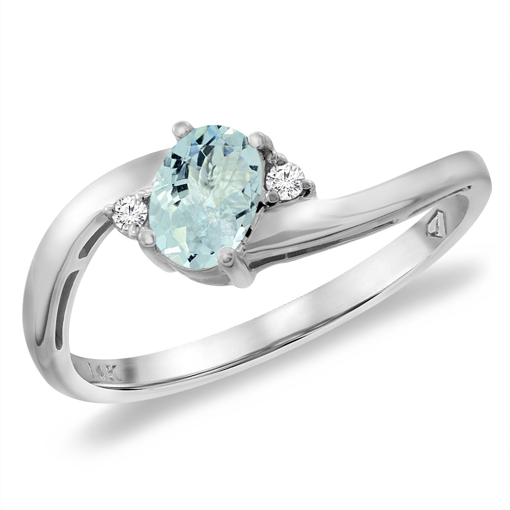 14K White Gold Diamond Natural Aquamarine Bypass Engagement Ring Oval 6x4 mm, sizes 5 -10