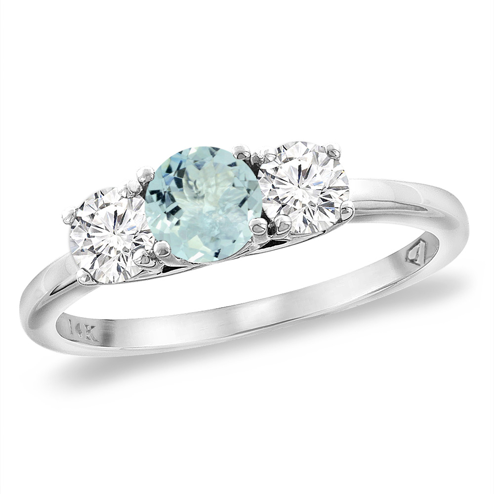 14K White Gold Diamond Natural Aquamarine Engagement Ring 5mm Round, sizes 5 -10