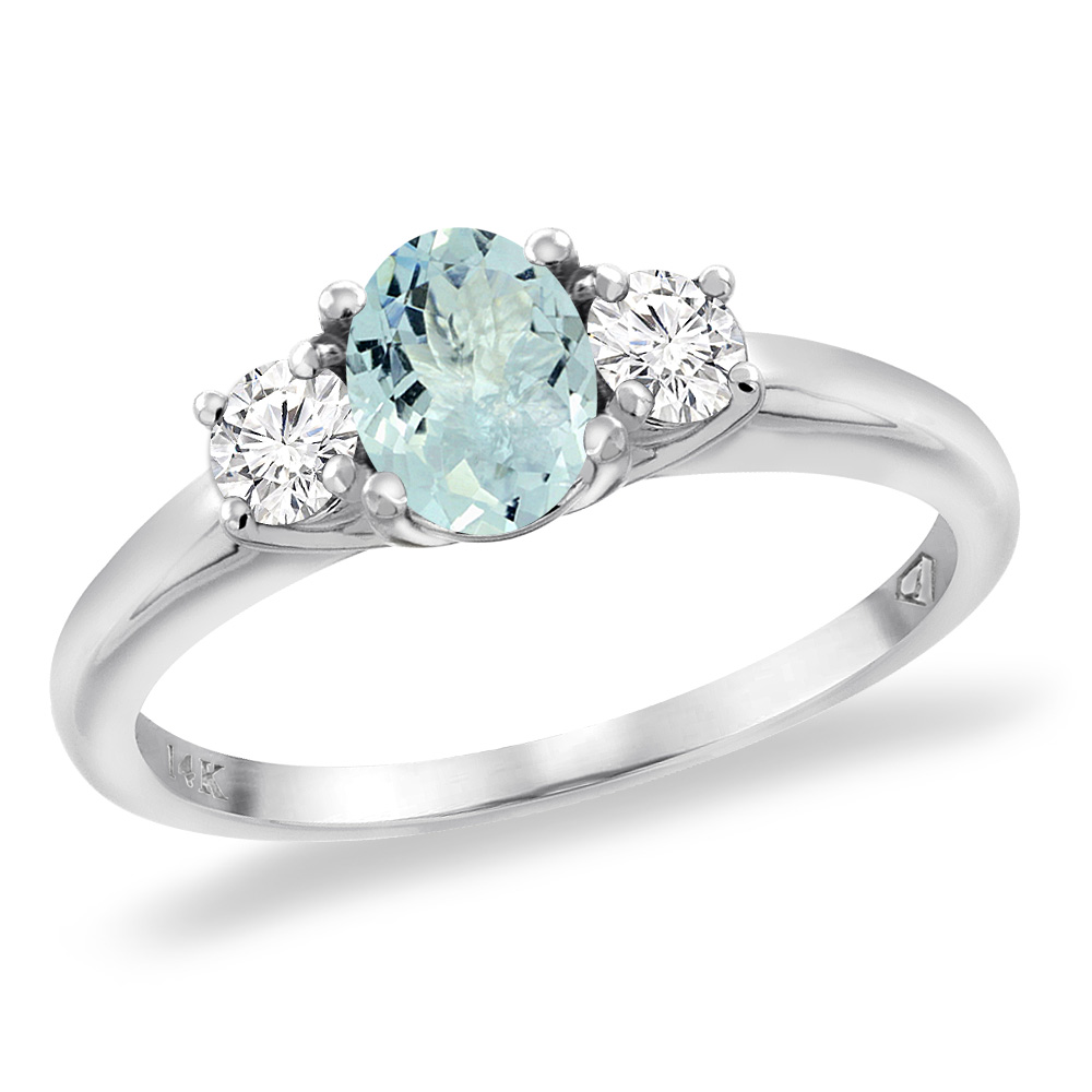 14K White Gold Natural Aquamarine Engagement Ring Diamond Accents Oval 7x5 mm, sizes 5 -10