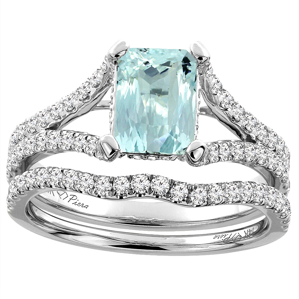 14K White Gold Natural Aquamarine Engagement Ring Set Emerald 8x6 mm, sizes 5-10