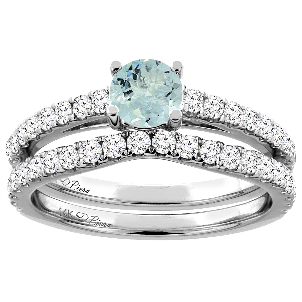 14K White Gold Diamond Natural Aquamarine Engagement Bridal Ring Set Round 6 mm, sizes 5-10