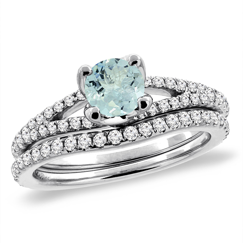 14K White Gold Diamond Natural Aquamarine 2pc Engagement Ring Set Round 5 mm, sizes 5-10