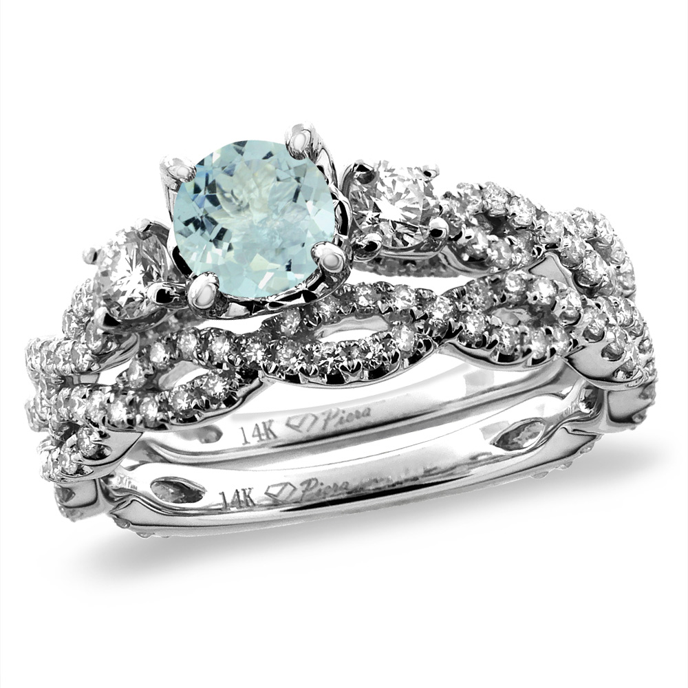 14K White/Yellow Gold Diamond Natural Aquamarine 2pc Infinity Engagement Ring Set Round 5 mm, sizes 5-10