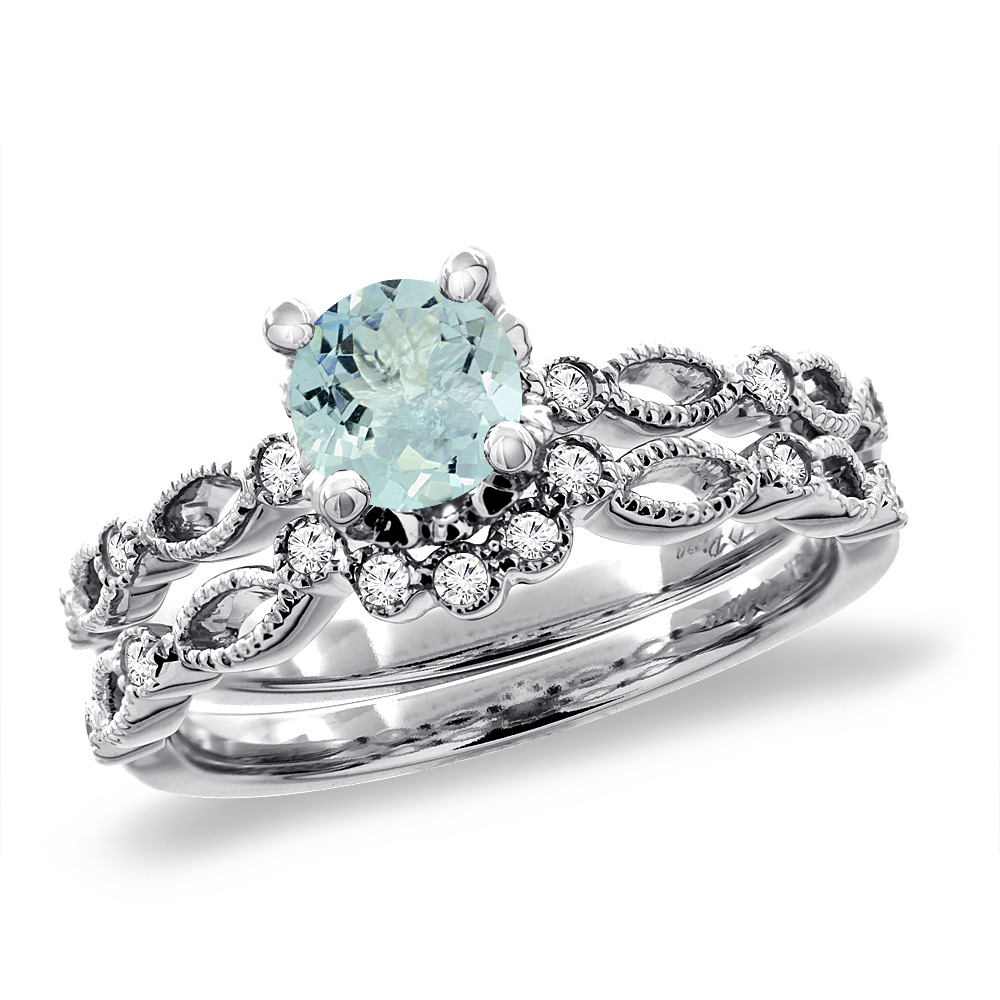 14K White Gold Diamond Natural Aquamarine 2pc Engagement Ring Set Round 5 mm, sizes 5 - 10