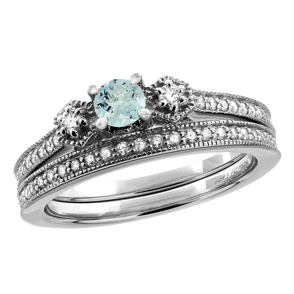 14K White/Yellow Gold Diamond Natural Aquamarine 2pc Engagement Ring Set Round 4 mm, sizes 5 - 10