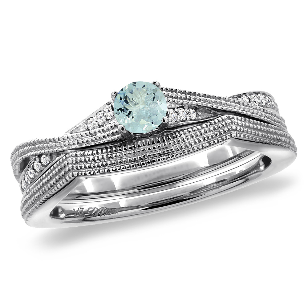 14K White Gold Diamond Natural Aquamarine 2pc Engagement Ring Set Round 4 mm, sizes 5 - 10
