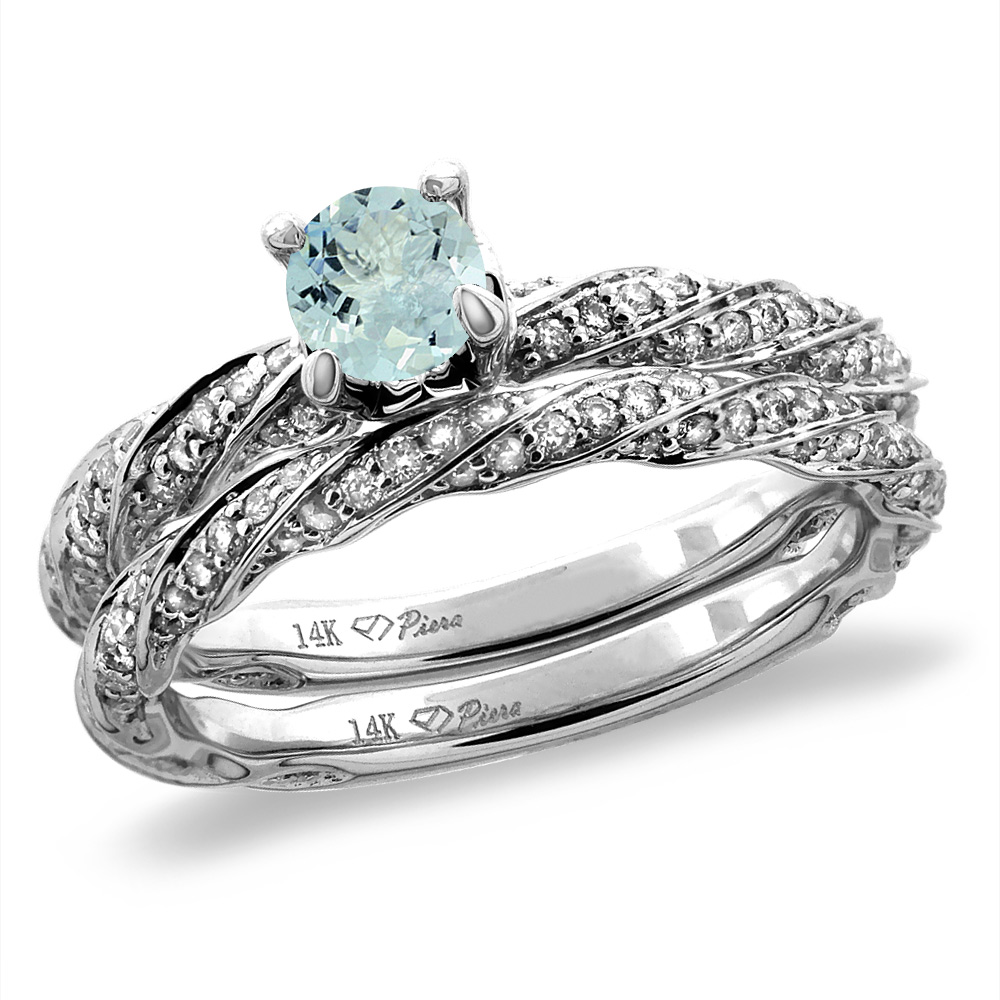 14K White/Yellow Gold Diamond Natural Aquamarine 2pc Twisted Engagement Ring Set Round 4 mm, size5-10