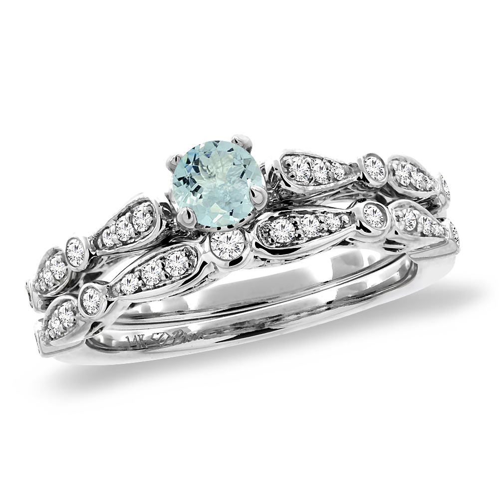 14K White Gold Diamond Natural Aquamarine 2pc Engagement Ring Set Round 4 mm, size5-10
