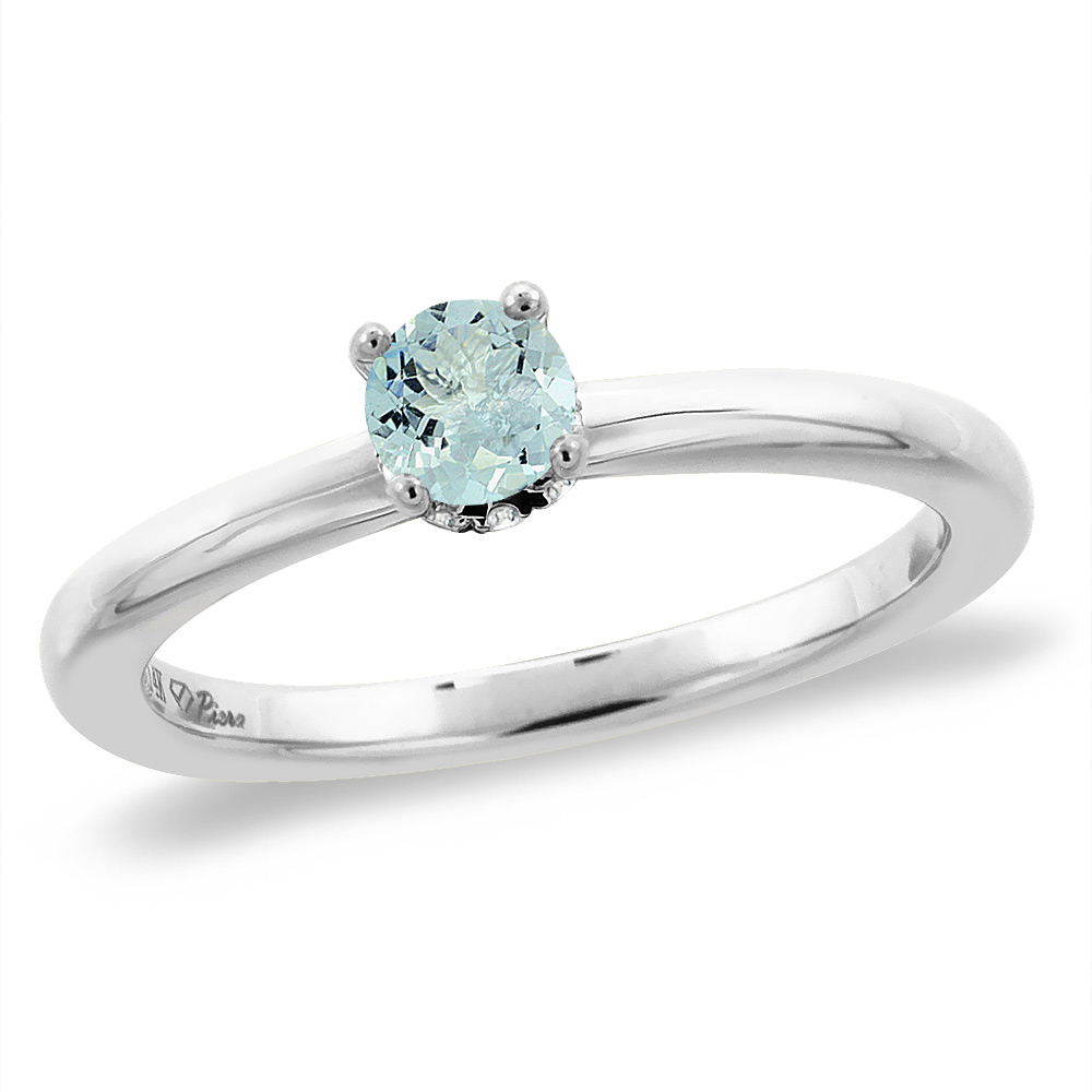 14K White Gold Diamond Natural Aquamarine Solitaire Engagement Ring Round 4 mm, sizes 5 -10