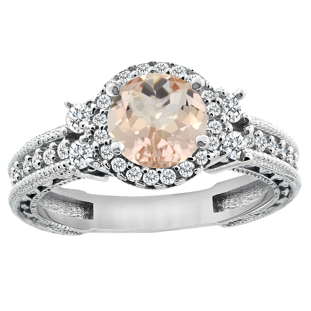 14K White Gold Natural Morganite Halo Engagement Ring Round 6mm Diamond Accents, sizes 5 - 10