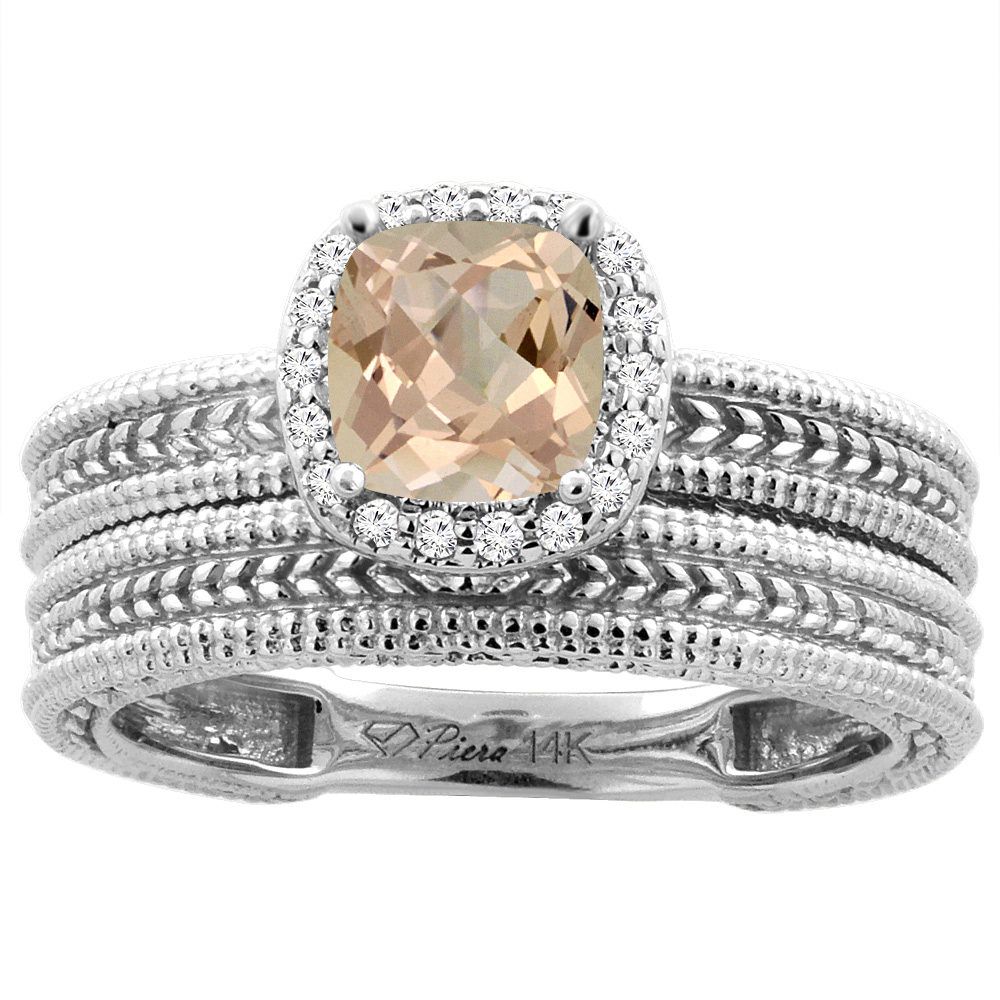 14K Yellow Gold Diamond Natural Morganite 2-pc Engagement Ring Set Cushion 7x7 mm, sizes 5-10
