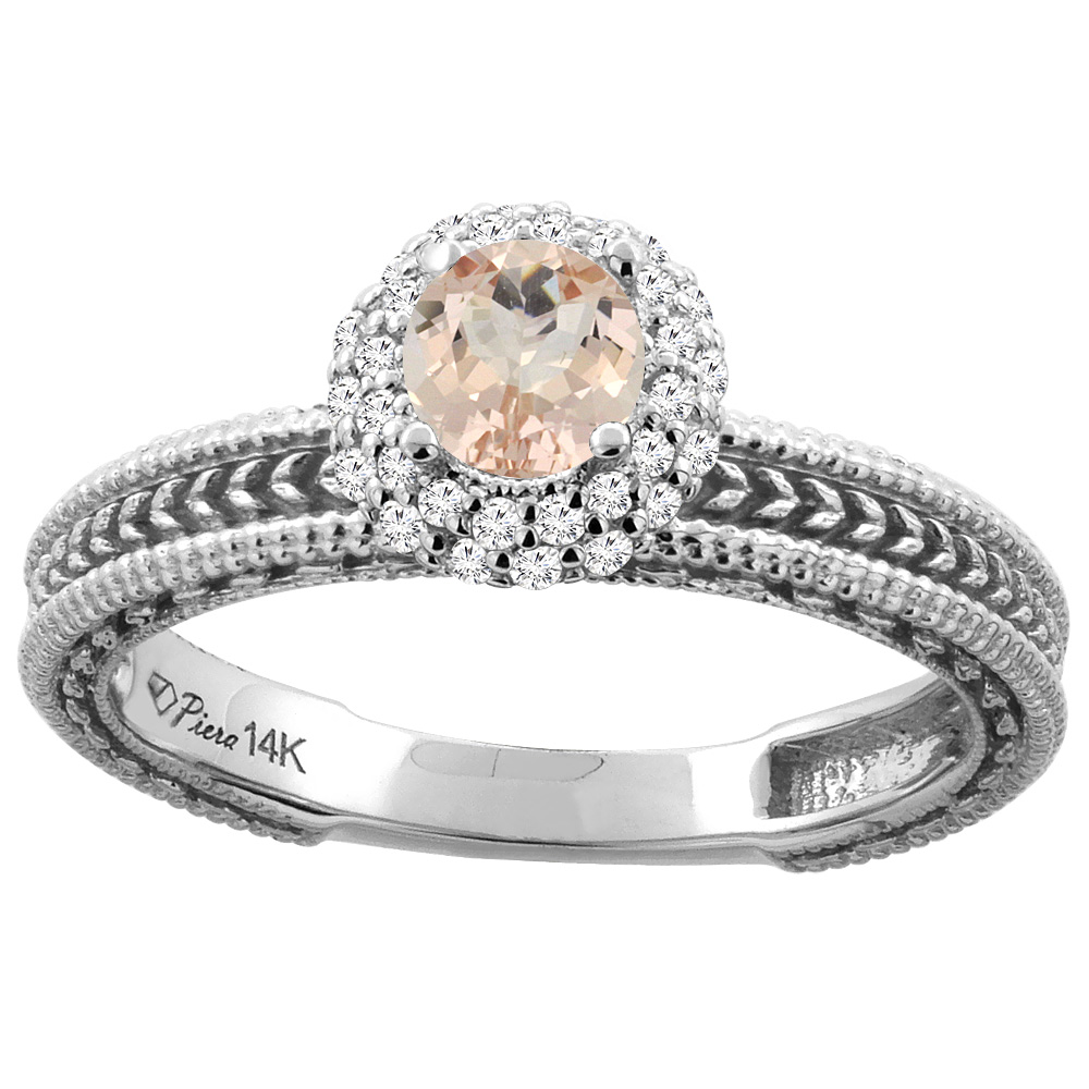 14K White Gold Natural Morganite &amp; Diamond Engagement Ring Round 5 mm, sizes 5-10