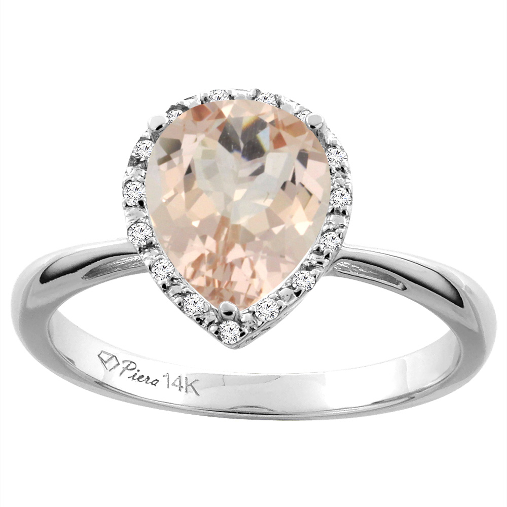 14K Yellow Gold Natural Morganite &amp; Diamond Halo Engagement Ring Pear Shape 9x7 mm, sizes 5-10
