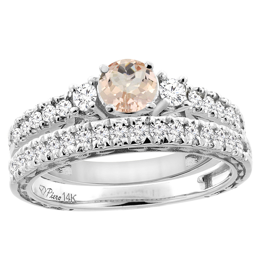 14K White Gold Diamond Natural Morganite Engagement 2-pc Ring Set Engraved Round 6 mm, sizes 5 - 10