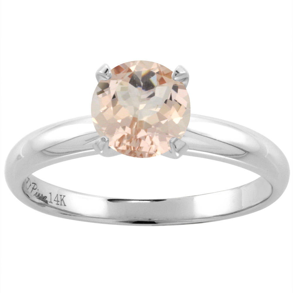14K White Gold Natural Morganite Solitaire Engagement Ring Round 7 mm, sizes 5-10