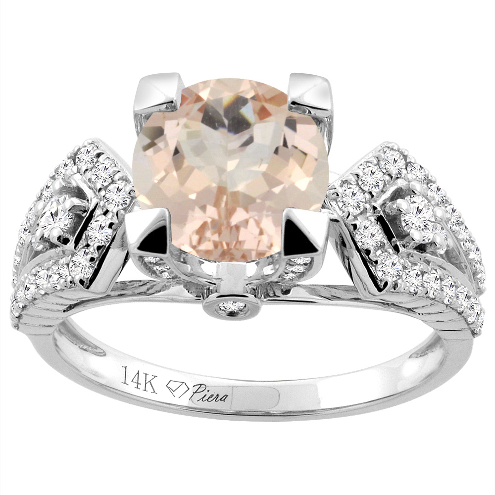 14K Gold Natural Morganite Ring Round 7 mm Diamond Accents, sizes 5 - 10