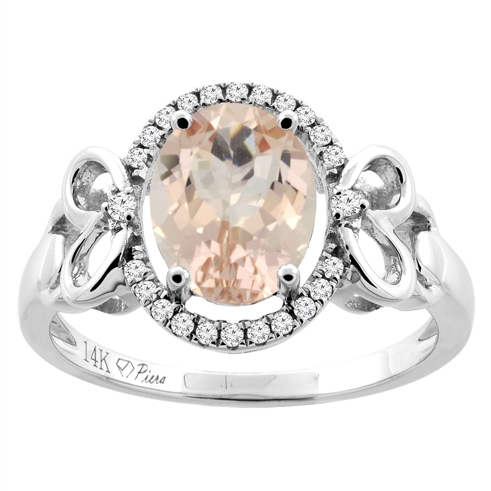 14K Gold Natural Morganite Halo Ring Oval 9x7 mm Diamond & Heart Accents, sizes 5 - 10