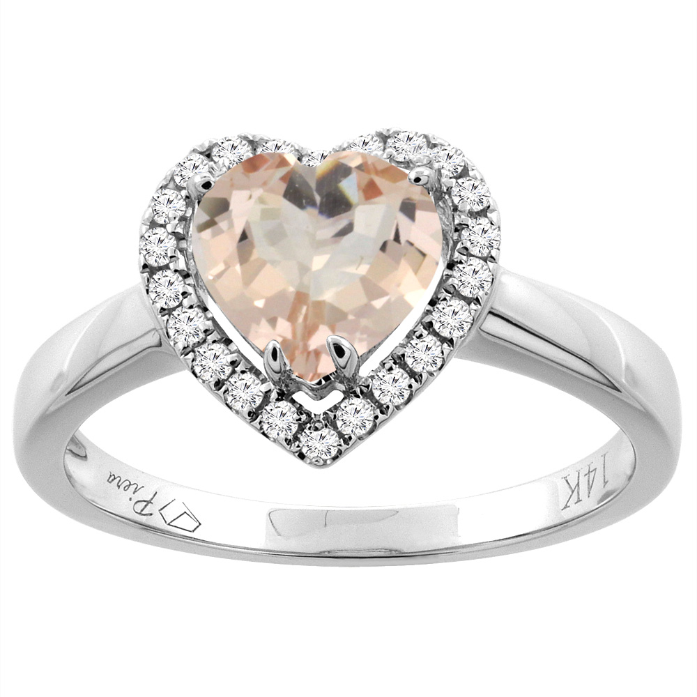 14K Gold Natural Morganite Halo Ring Heart 7x7 mm Diamond Accents, sizes 5 - 10