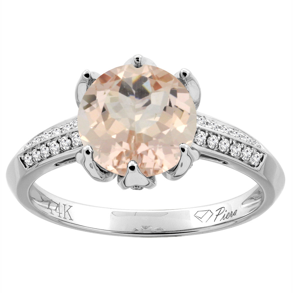 14K Gold Natural Morganite Ring Round 8 mm Diamond Accents, sizes 5 - 10