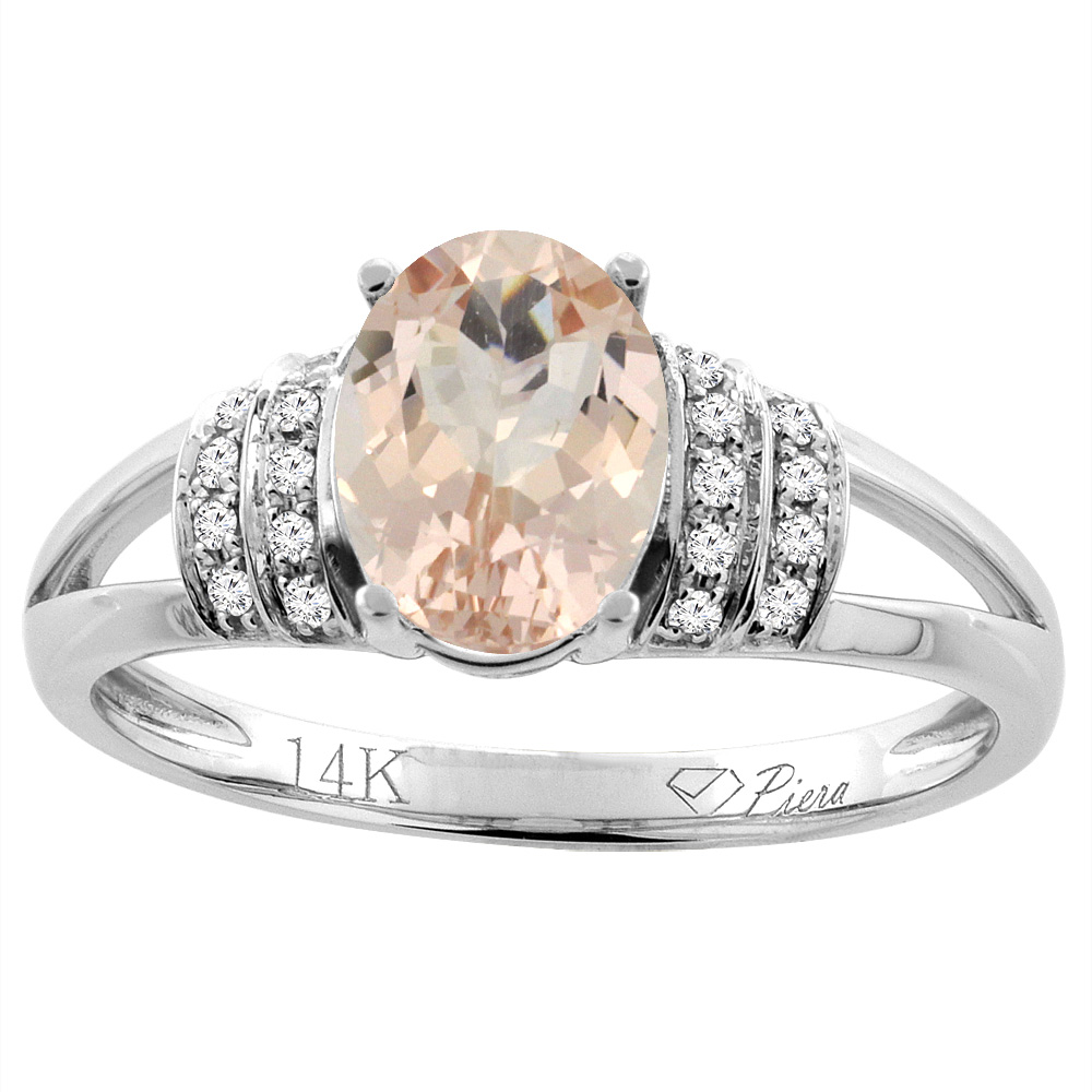 14K Gold Natural Morganite Ring Oval 8x6 mm Diamond Accents, sizes 5 - 10