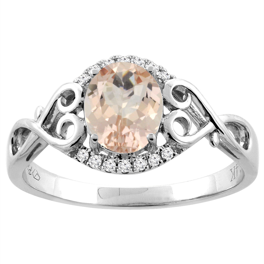 14K Gold Natural Morganite Ring Oval 8x6 mm Diamond & Heart Accents, sizes 5 - 10