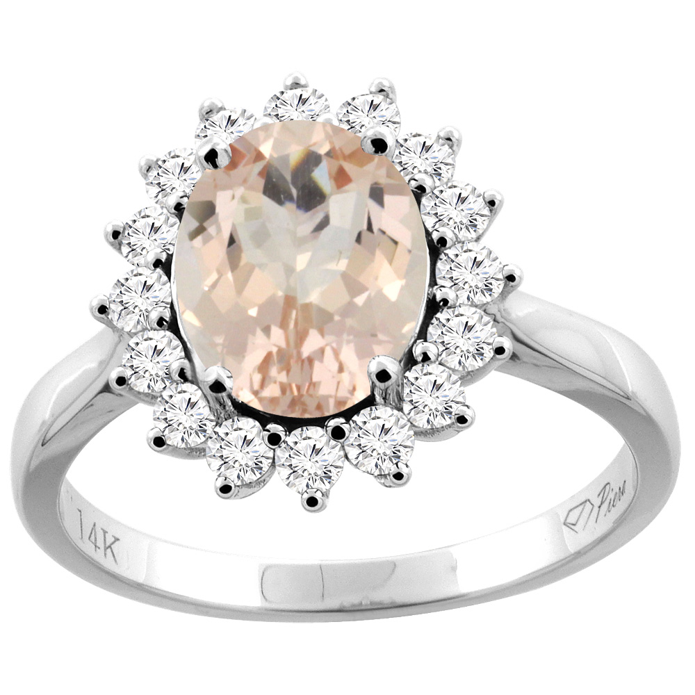 14K Gold Natural Morganite Ring Oval 9x7 mm Diamond Accents, sizes 5 - 10