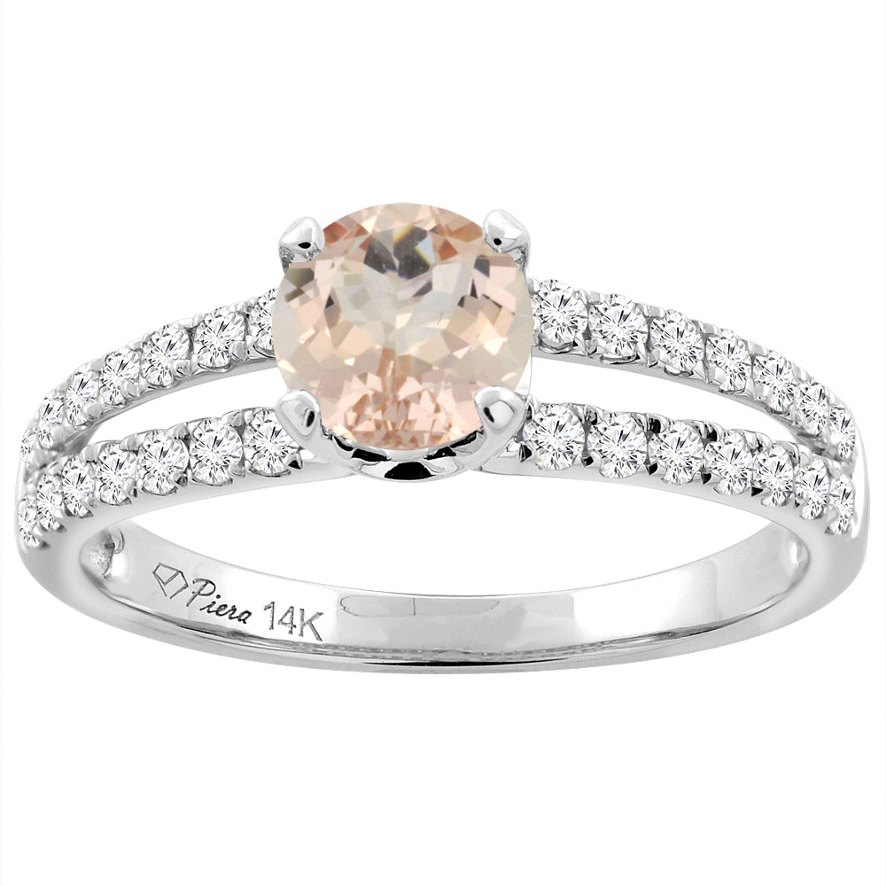 14K White Gold Natural Morganite Engagement Ring Round 6 mm Split Shank Diamond Accents, sizes 5 - 10