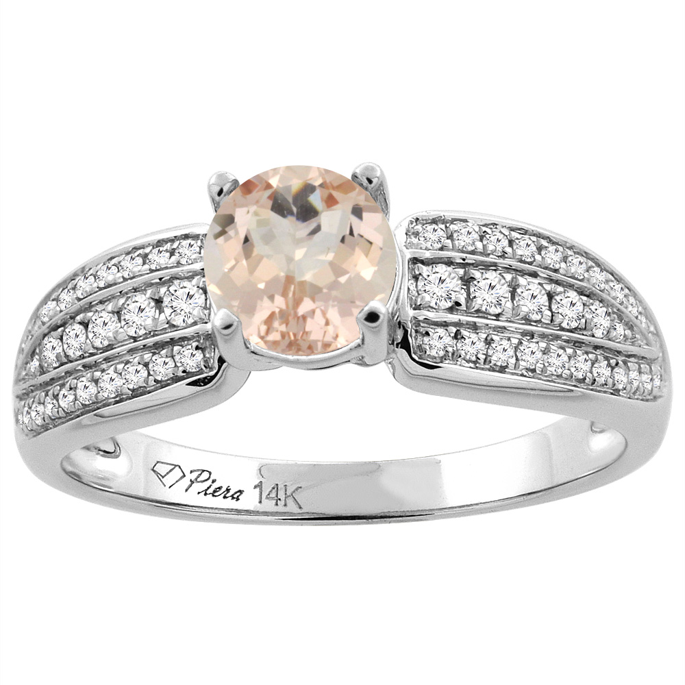 14K White Gold Natural Morganite Engagement Ring Round 6 mm 3-row Diamond Accents, sizes 5 - 10