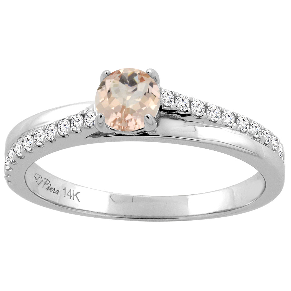 14K White Gold Natural Morganite Engagement Ring Round 5 mm & Diamond Accents, sizes 5 - 10