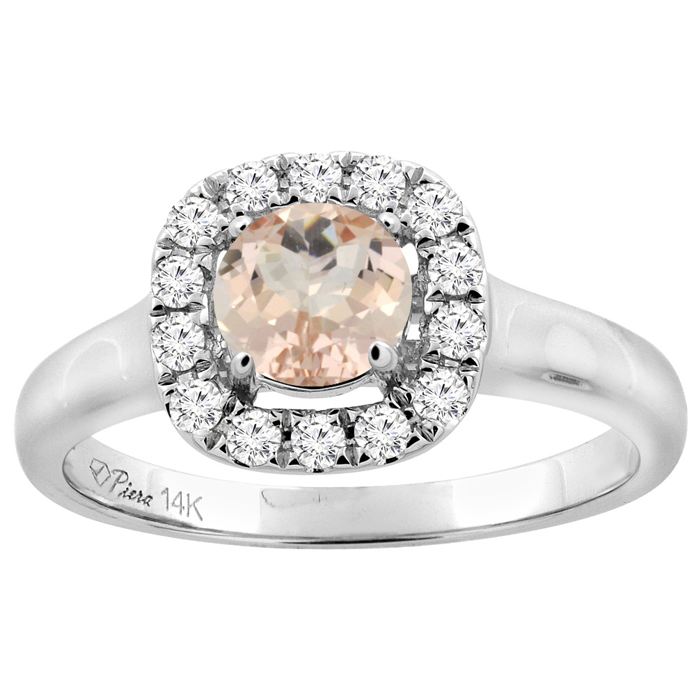 14K White Gold Natural Morganite Halo Engagement Ring Round 6 mm Diamond Accents, sizes 5 - 10