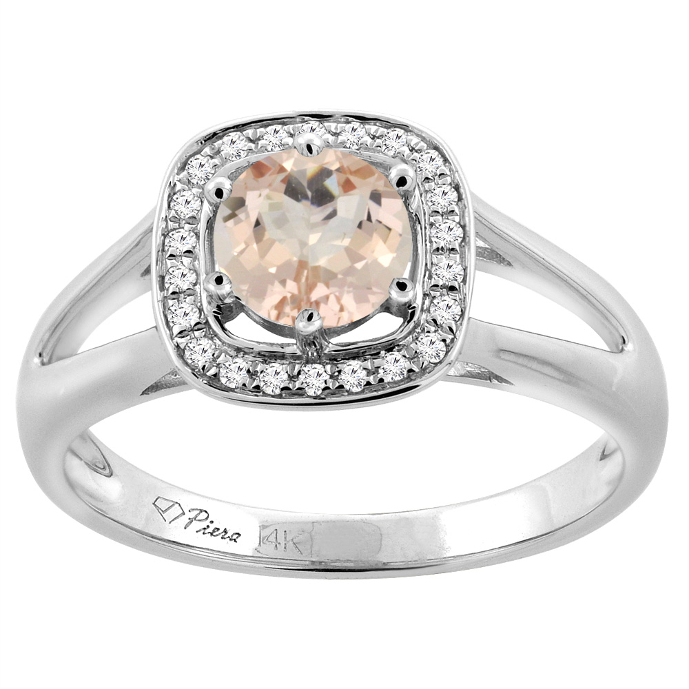 14K White Gold Natural Morganite Engagement Halo Ring Round 6 mm &amp; Diamond Accents, sizes 5 - 10