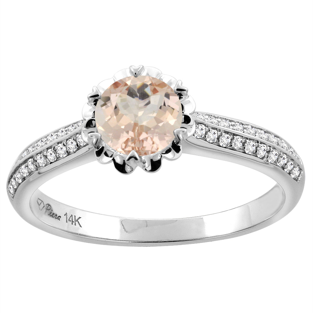 14K White Gold Natural Morganite Engagement Ring Round 6 mm &amp; Diamond Accents, sizes 5 - 10