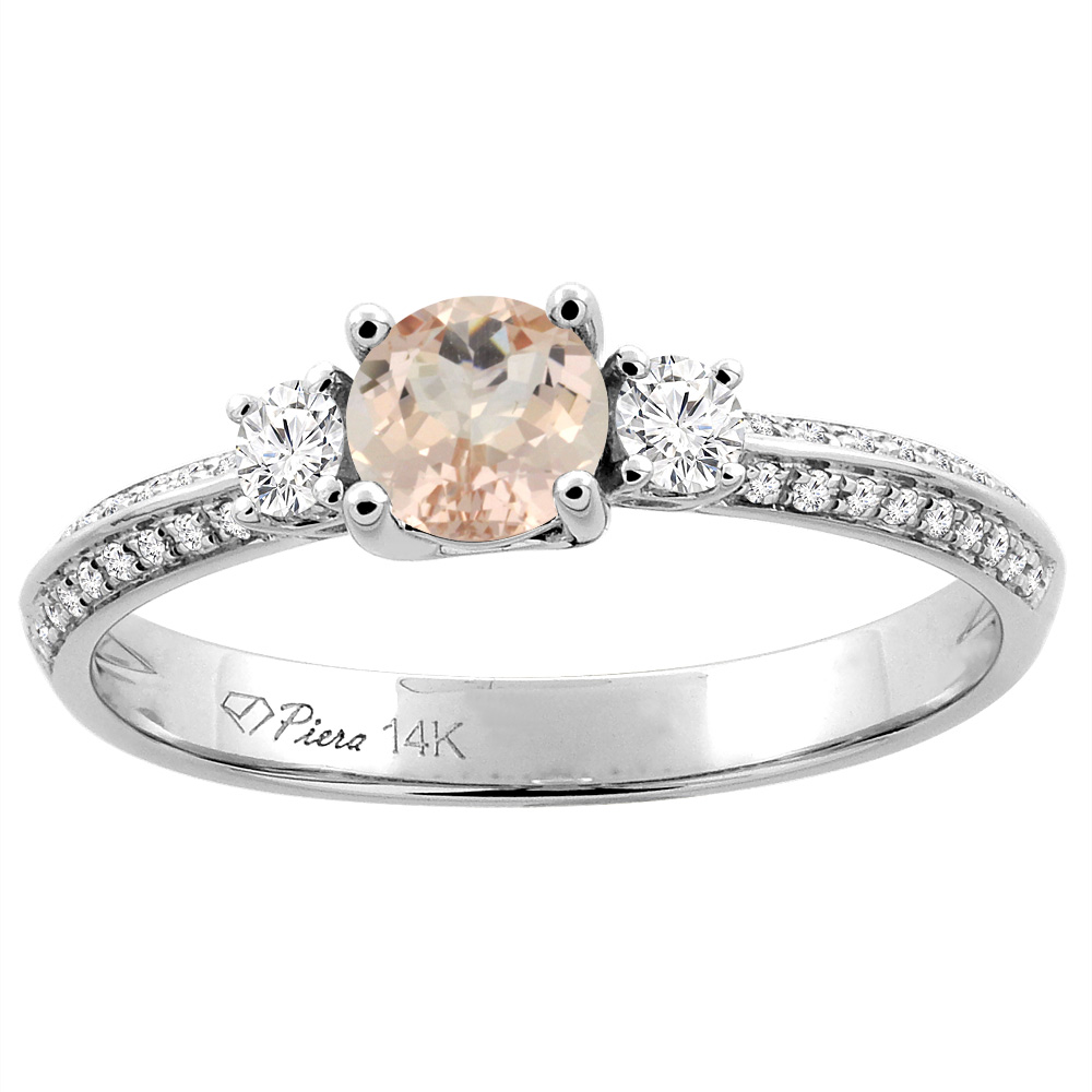 14K White Gold Natural Morganite Engagement Ring Round 5 mm &amp; Diamond Accents, sizes 5 - 10