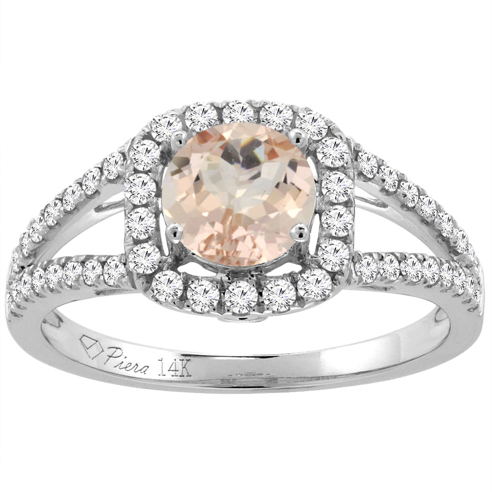 14K White Gold Diamond Natural Morganite Engagement Halo Ring Round 7 mm, sizes 5-10