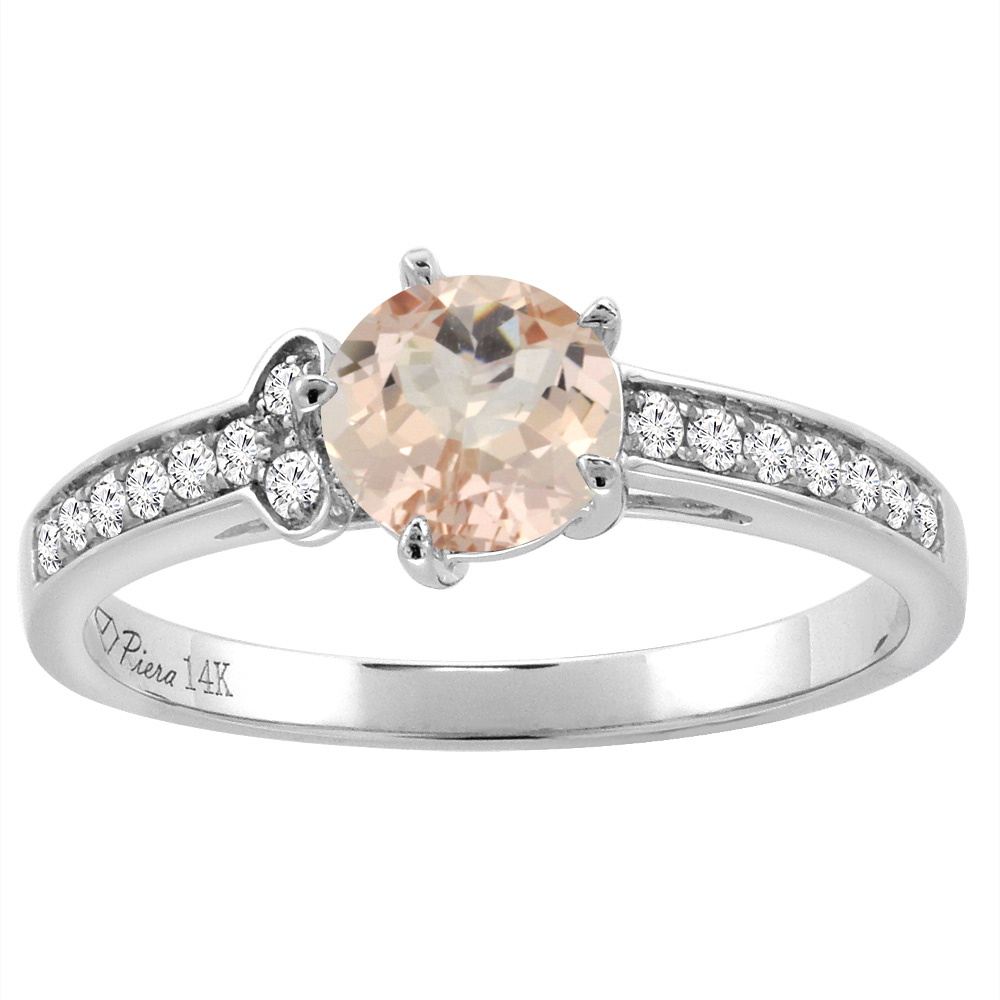 14K White Gold Diamond Natural Morganite Engagement Ring Round 7 mm, sizes 5-10
