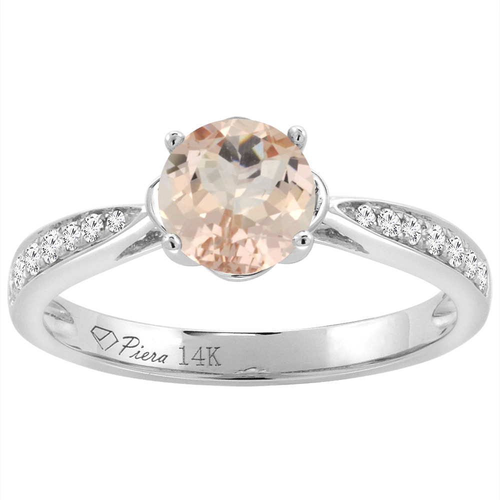 14K Yellow Gold Diamond Natural Morganite Engagement Ring Round 7 mm, sizes 5-10