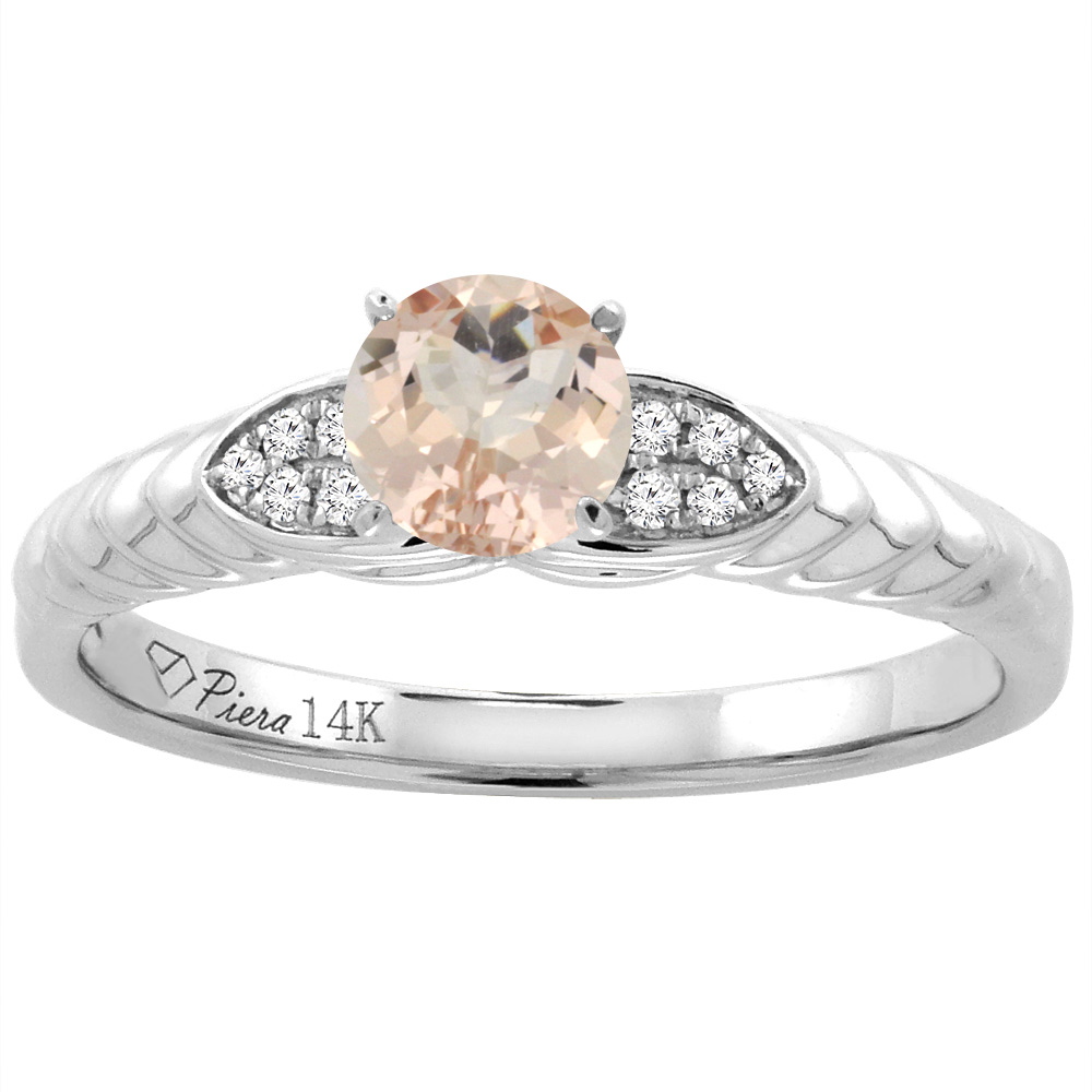 14K White Gold Diamond Natural Morganite Engagement Ring Round 5 mm, sizes 5-10