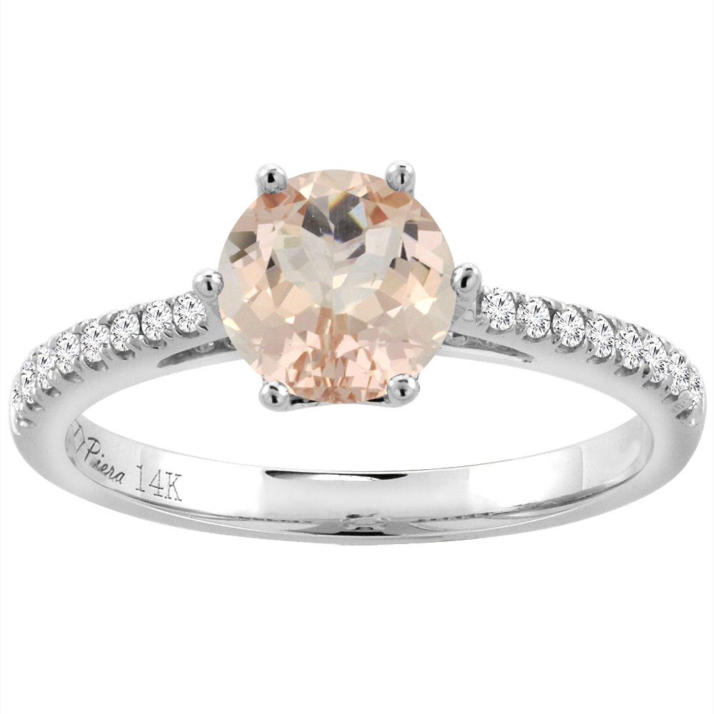 14K White Gold Diamond Natural Morganite Engagement Ring Round 7 mm, sizes 5-10