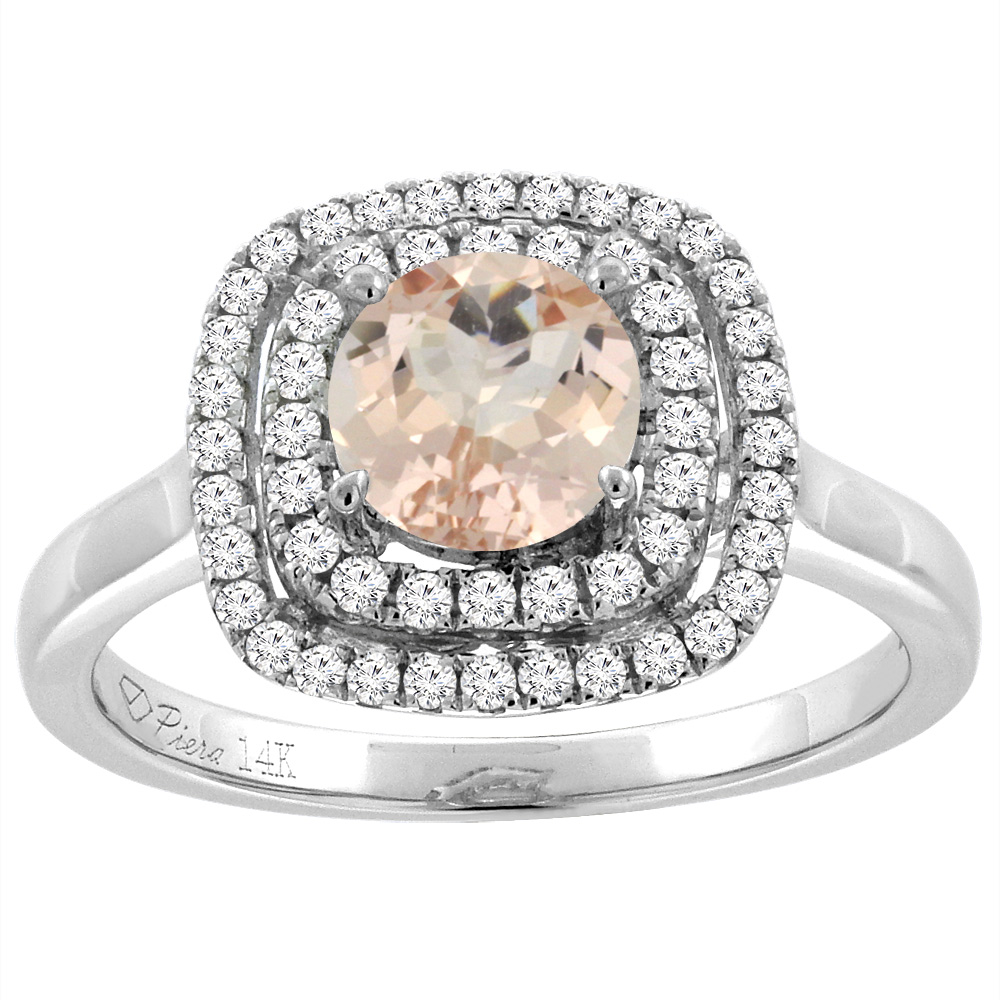 14K White Gold Natural Morganite Double Halo Diamond Engagement Ring Round 7 mm, sizes 5-10