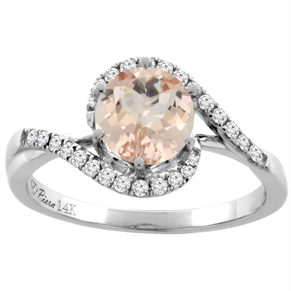 14K White Gold Diamond Natural Morganite Bypass Engagement Ring Round 7 mm, sizes 5-10