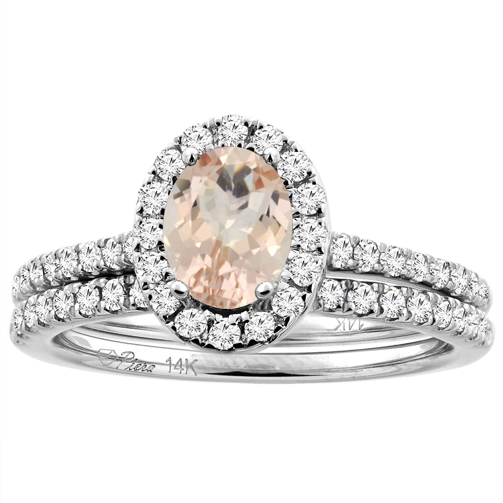 14K White/Yellow Gold Diamond Halo Natural Morganite 2pc Engagement Ring Set Oval 7x5 mm, sizes 5-10