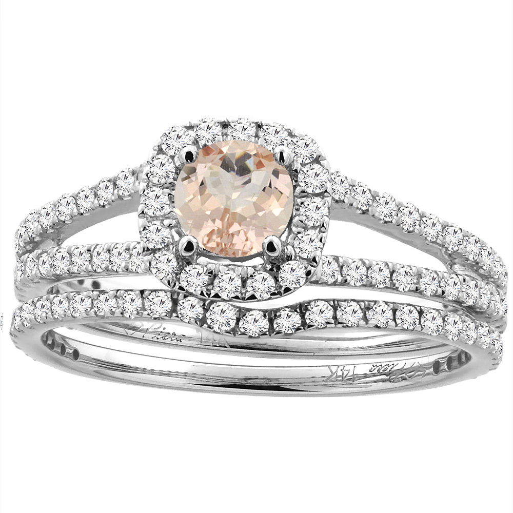 14K White Gold Diamond Halo Natural Morganite 2pc Engagement Ring Set Round 5 mm, sizes 5-10