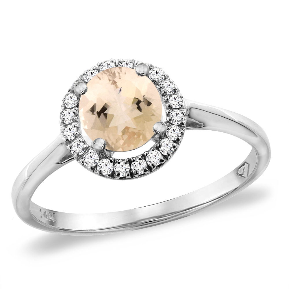 14K White Gold Diamond Halo Natural Morganite Engagement Ring Round 6 mm, sizes 5 -10